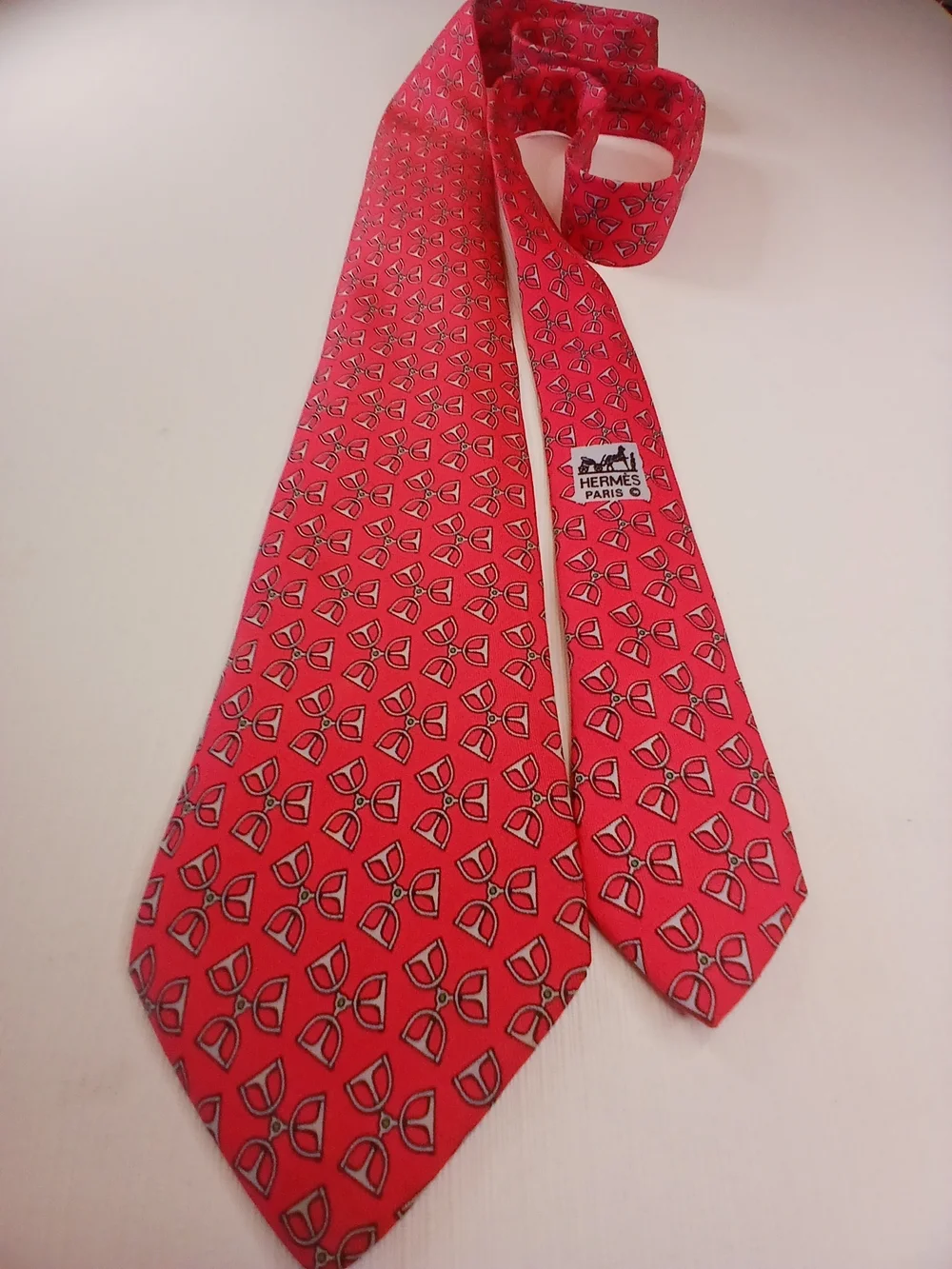 Vintage Hermes Paris #7479 IA Red Stirrups Equestrian,Silk Tie France.